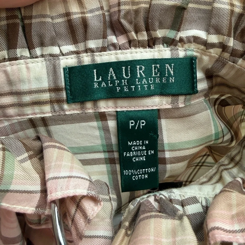 Ralph Lauren Ruffle Collared Button Down Beige Pink Plaid Blouse Petite - Picture 4 of 8